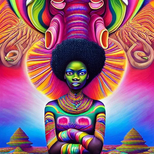 Prompt: a regal and heroic african queen with a colorful afro sitting in a cabana on top of a enormous elephant near a pink river with a large glowing baobab tree, by amanda sage and alex grey and evgeni gordiets in a surreal psychedelic style, symmetrical, detailed eyes, oil on canvas 8k, hd