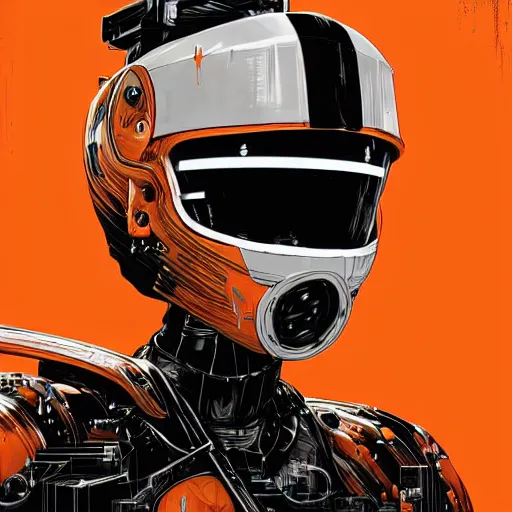 Image similar to a portrait of a monster, in an orange racing helmet by sandra chevrier, detailed render, epic composition, cybernetics, 4 k realistic, cryengine, realistic shaded lighting, sharp focus, masterpiece, by matteo scalera, gary montalbano, peter elson in the style of the tokyo ghost comic