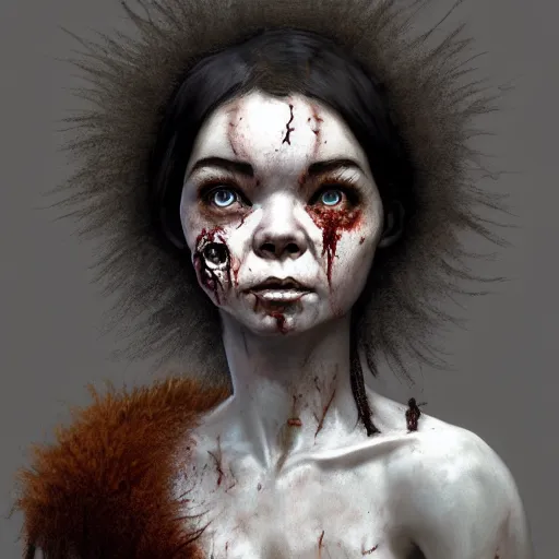 Image similar to head portrait of fresh faced young bjork as a zombie with large fluffy back - combed hair, 7 days to die zombie, gritty background, fine art, award winning, intricate, elegant, sharp focus, cinematic lighting, digital painting, 8 k concept art, art by michael hussar, art by brom, art by guweiz and z. w. gu, 8 k