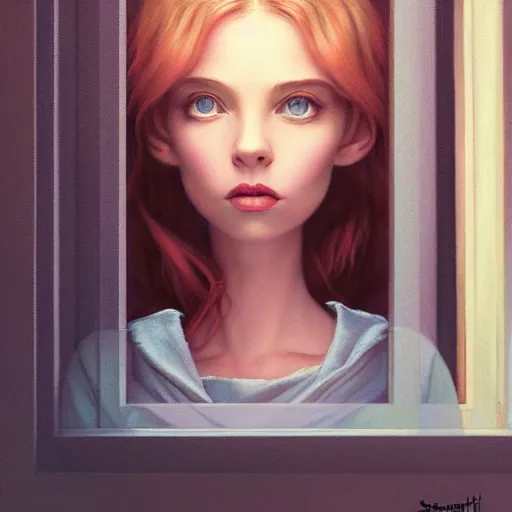 Image similar to Lofi portrait at a window, Pixar style by Stanley Artgerm and Tom Bagshaw and Tim Burton