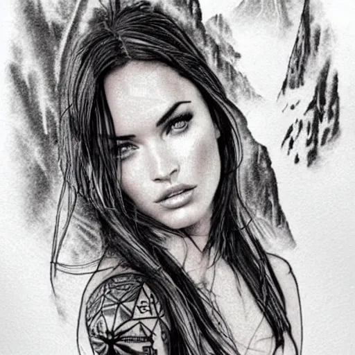 Image similar to realism tattoo sketch of double exposure megan fox with beautiful mountain scenery, in the style of andrey lukovnikov
