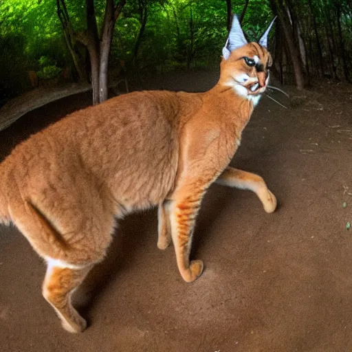 Prompt: fisheye photo of a caracal hissing