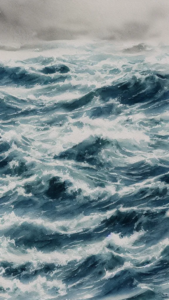 Prompt: A stormy sea, watercolor painting, highly detailed