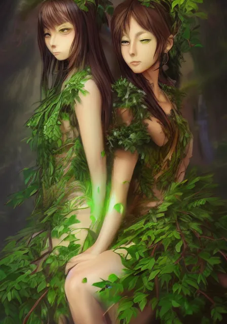 Image similar to A realistic anime portrait of a beautiful dryad twins with glowing green eyes and tree bark skin wearing clothes made of leaves, digital painting, by Stanley Artgerm Lau, Sakimichan, WLOP and Rossdraws, digtial painting, trending on ArtStation, SFW version