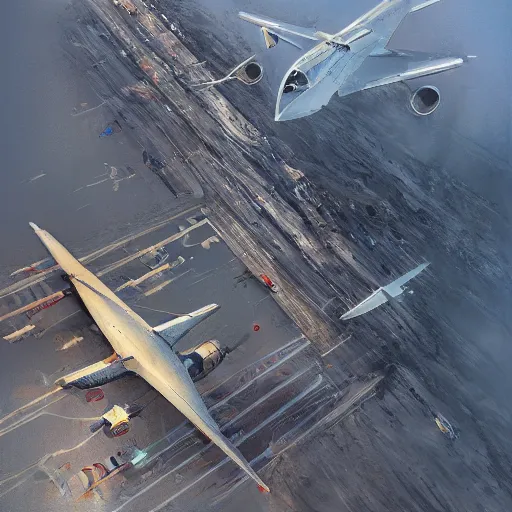 Image similar to concept art, bird's - eye view from airport, high resolution, by james gurney, greg rutkowski, john howe, artstation