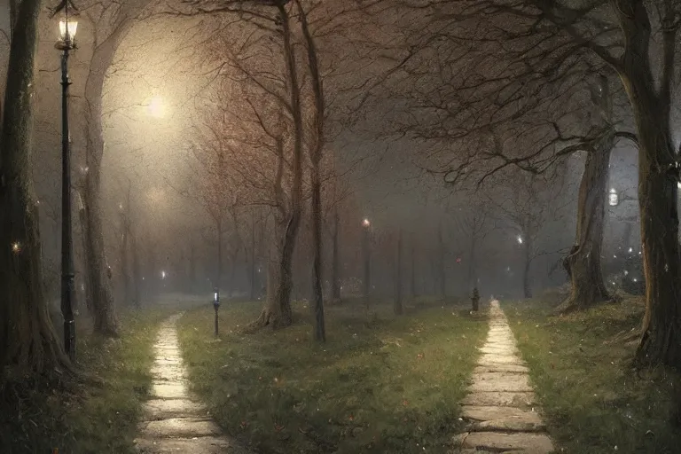 Prompt: beautiful painting of a path in an old england park at night, greg rutkowski, james gurney, artstation.