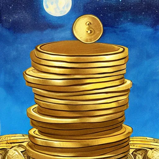 Prompt: a painting of a giant stack of coins heading towards the moon