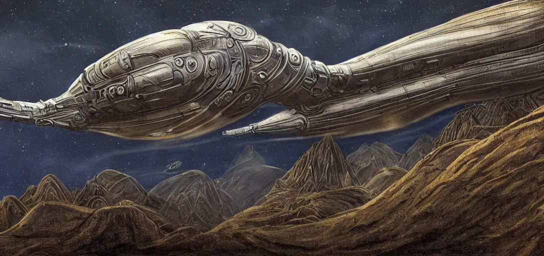 Image similar to Dune spaceship by H.R. Giger taking off from Machu Picchu hidden city, photographic reality, hyperreal , complete scene, ornate, details, smooth, sharp focus, illustration, realistic, cinematic, artstation, award winning, rgb, ethereal blue lighting, cyberpunk look, biomechanical mask. bio luminescent biomechanical, halo, jellyfish. , unreal engine, octane render, cinematic light, iridescent details, iridescent colors, dichroic, macro, depth of field, blur, 8K,