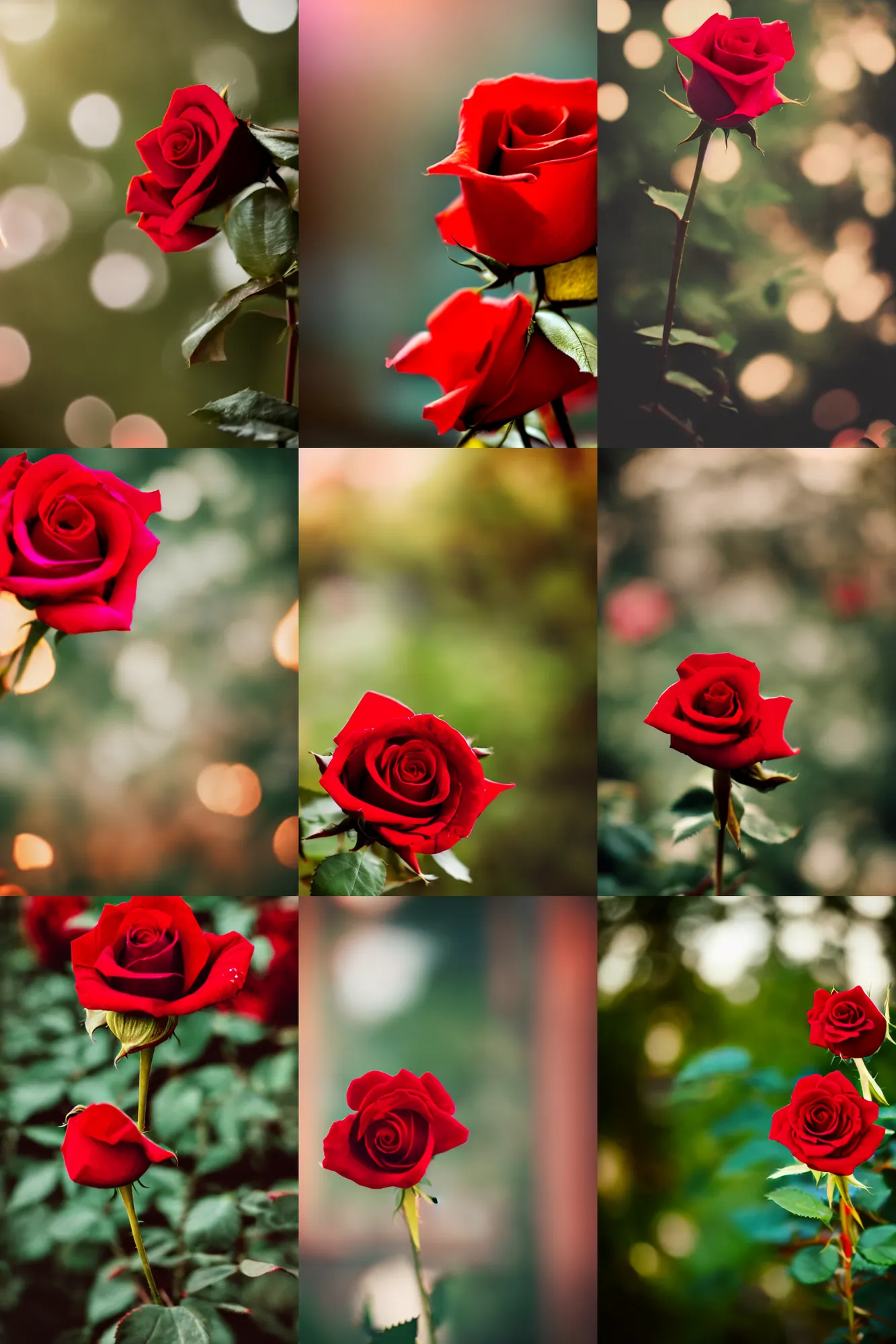 Prompt: a realistic photo of a red rose, Bokeh, Romantic, lit by daylight, beautiful photo