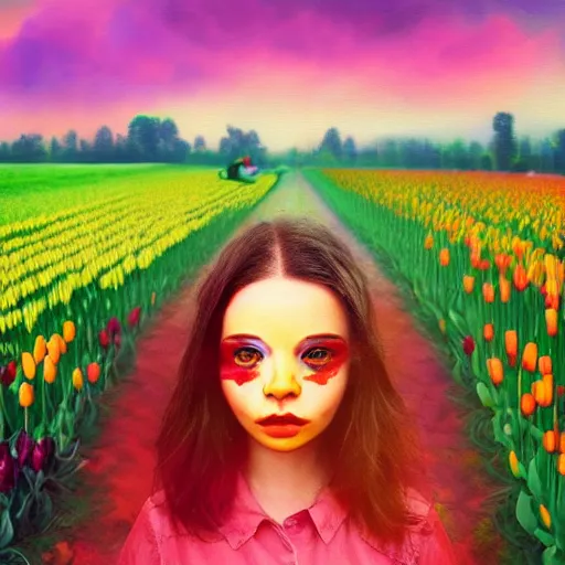 Prompt: large tulip face, girl frontal in a flower field, surreal photography, sunrise dramatic light, impressionist painting, colorful clouds, digital painting, artstation, simon stalenhag, flower face