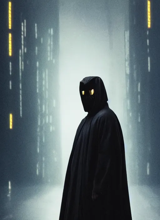 Image similar to dark figure wearing black robe with subtle trim gold accents hooded cyberpunk bladerunner 2049 movie still (2017)