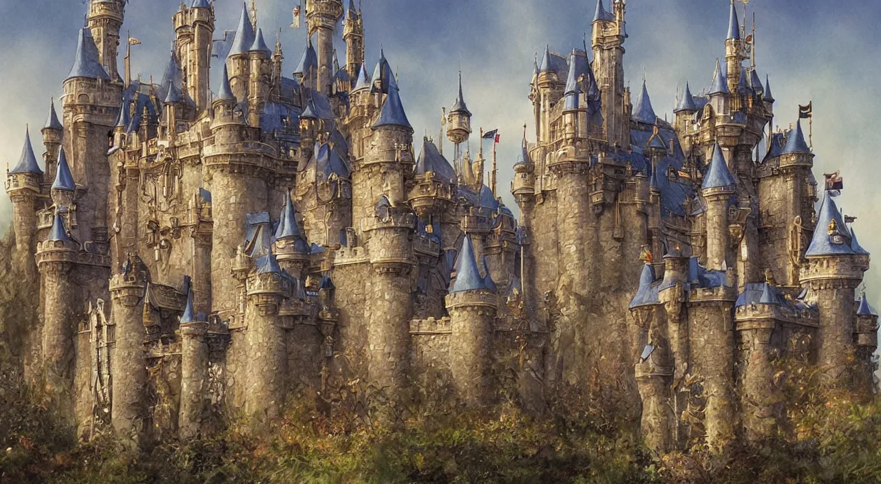 Prompt: disney fantasy castle. Jean-Baptiste Monge and Alex Ross a artwork of a gothic revival castle
