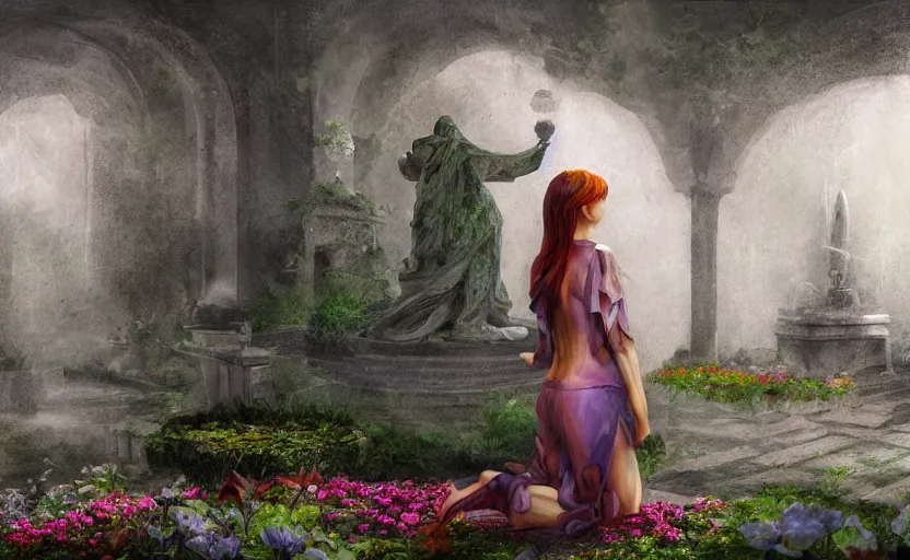 Image similar to The kneeling statue of a woman in a beautiful garden, next to a fountain and a mystical palace, and all this in a foggy and mysterious atmosphere.Fantasy and concept art, colorful digital painting.