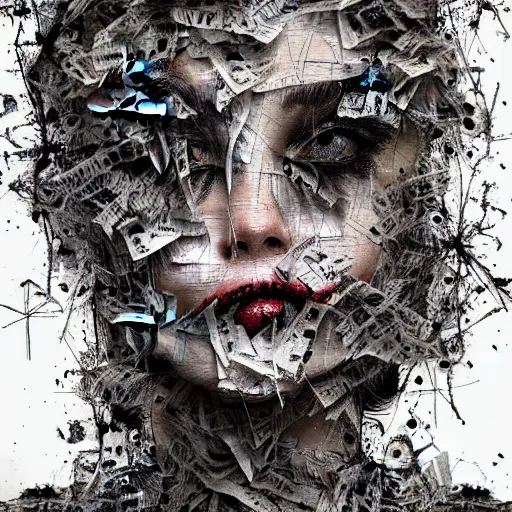 Image similar to multiple faces shredded like paper news screaming, dark horror, surreal, drawing, painting,