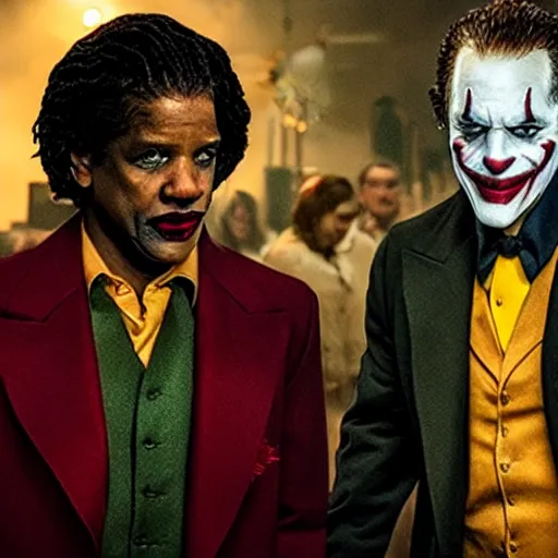 Image similar to film still of Denzel Washington, Denzel Washington, Denzel Washington as joker in the new Joker movie