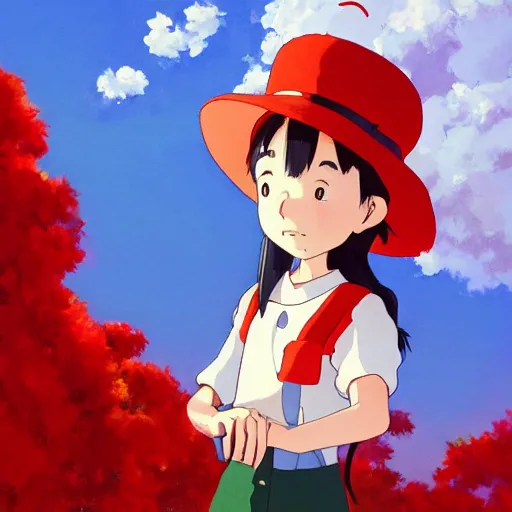 Prompt: a bright cute studio ghibli painting of a girl in a red hat, beautiful lighting, in the style of studio ghibli, artwork by Hayao Miyazaki and Isao Takahata, highly detailed, 8K, smooth, cinematic, vibrant colors, trending on artstation