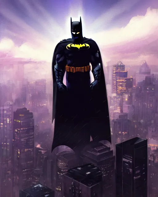 Image similar to jeff bezos as batman looking over seattle, medium shot close up, details, sharp focus, illustration, by jordan grimmer and greg rutkowski, trending artstation, pixiv, digital art