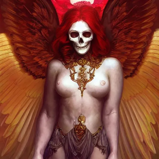 Prompt: A beautiful digital painting of a archangel with red hair, princess, a ghostly skull behind her, D&D, fantasy, intricate, cinematic lighting, highly detailed, digital painting, Artstation, concept art, smooth, sharp focus, illustration, art by Artgerm and Greg Rutkowski, Alphonse Mucha and charlie bowater