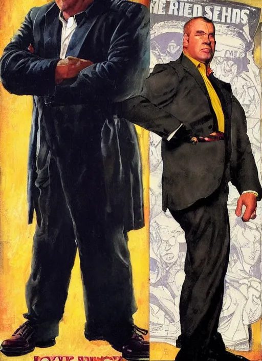 Image similar to full body and head portrait of javier bardem as kingpin, dynamic action, painted by norman rockwell and phil hale and greg staples and tom lovell and frank schoonover and jack kirby