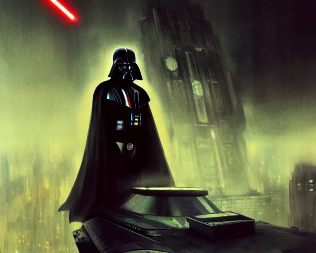 Image similar to 2 0 1 8 blade runner movie still darth vader look at the cityscape from roof perfect face fine realistic face pretty face reflective polymer suit tight neon puffy jacket blue futuristic sci - fi elegant by denis villeneuve tom anders zorn hans dragan bibin thoma greg rutkowski ismail inceoglu illustrated sand storm alphonse mucha