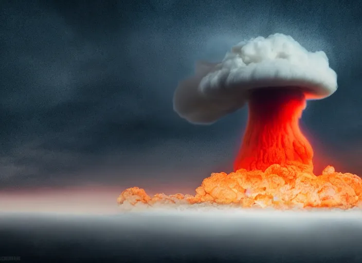 Image similar to nuclear explosion with a mushroom cloud and shockwaves with dust and fog in the city. Centered. Horror dystopia style. Highly detailed 8k. Intricate. Nikon d850 300mm. Award winning photography.