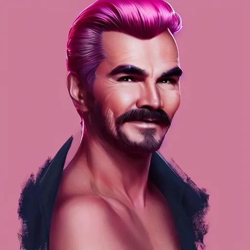 Prompt: burt reynolds, full body, entire body, pink hair, gorgeous, amazing, elegant, intricate, highly detailed, digital painting, artstation, concept art, sharp focus, illustration, art by Ross tran