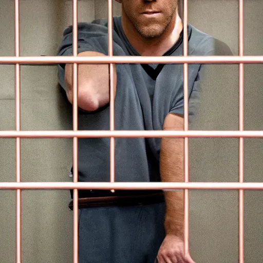 Image similar to Ryan Reynolds in prison uniform behind bars, holding the bars with his hands wanting out, highly detailed, high quality, HD, 4k, 8k, Canon 300mm, professional photographer, 40mp, lifelike, top-rated, award winning, realistic, sharp, no blur, edited, corrected, trending