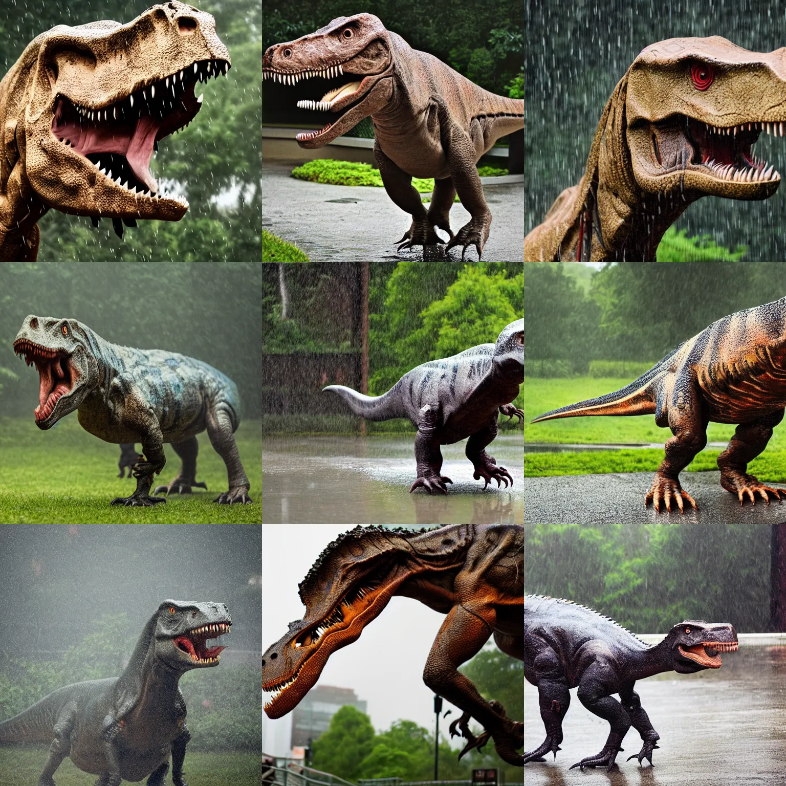 Prompt: a zoo exhibit of the dinosaur tyrannosaurus rex, rainy day, outside enclosure, 4 k photograph, award winning, 5 0 mm, national geographic