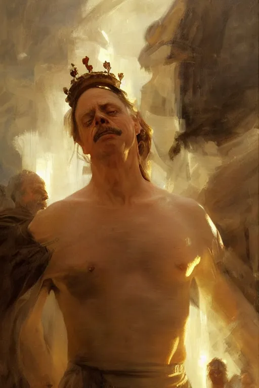 Image similar to beautiful expressive oil painting portrait of ancient roman god emperor steve buscemi ascending wearing the civic crown levitating in religious pose, art by anders zorn, wonderful masterpiece by greg rutkowski, beautiful cinematic light, american romanticism by greg manchess, jessica rossier