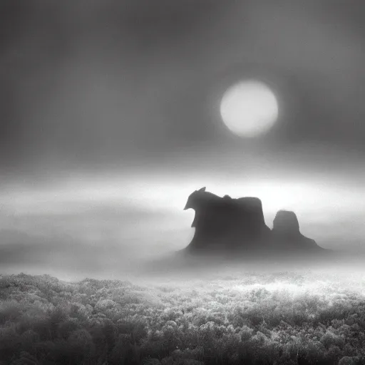 Image similar to old black and white photo of a distant giant monster peeking through the fog, creepy, scary, surreal,