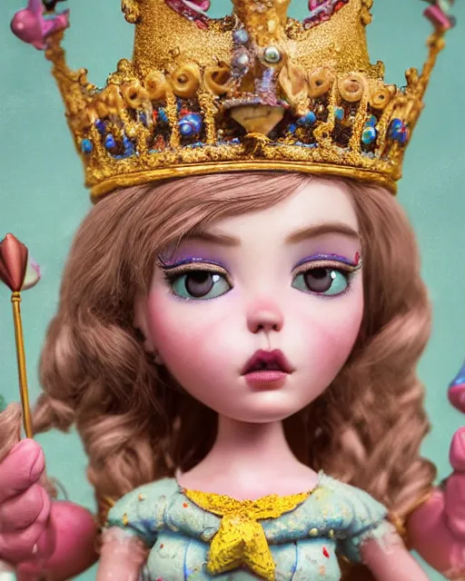 Image similar to closeup face profile portrait of a tin toy fairytale princess wearing a crown eating cakes, bikini, depth of field, zeiss lens, detailed, symmetrical, centered, fashion photoshoot by nicoletta ceccoli, mark ryden, lostfish, hyperrealistic, octane render