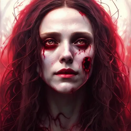 Image similar to portrait painting of wanda maximoff scarlet witch as a zombie, ultra realistic, concept art, intricate details, eerie, highly detailed, photorealistic, octane render, 8 k, unreal engine. art by artgerm and greg rutkowski and charlie bowater and magali villeneuve and alphonse mucha