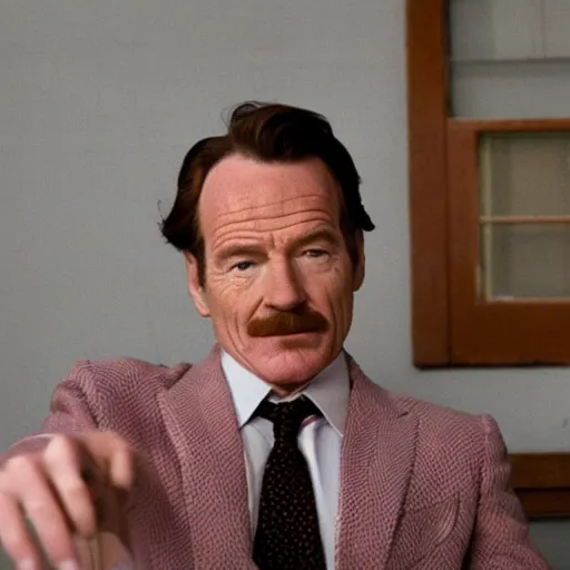 Prompt: still of Bryan Cranston in a Wes Anderson film