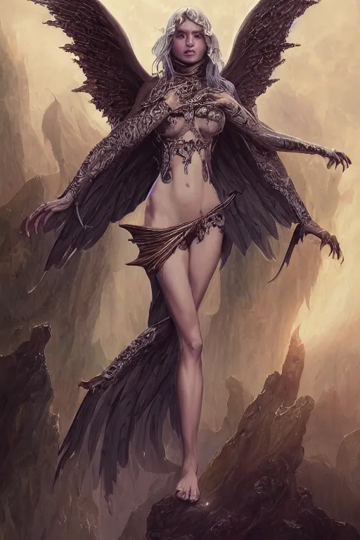 Image similar to full body portrait of a girl angel, wings, d & d, fantasy, intricate, elegant, highly detailed, digital painting, artstation, concept art, smooth, sharp focus, illustration, art by artgerm and greg rutkowski and peter mohrbacher & greg rutkowski & alexandros pyromallis & nekro & rene maritte