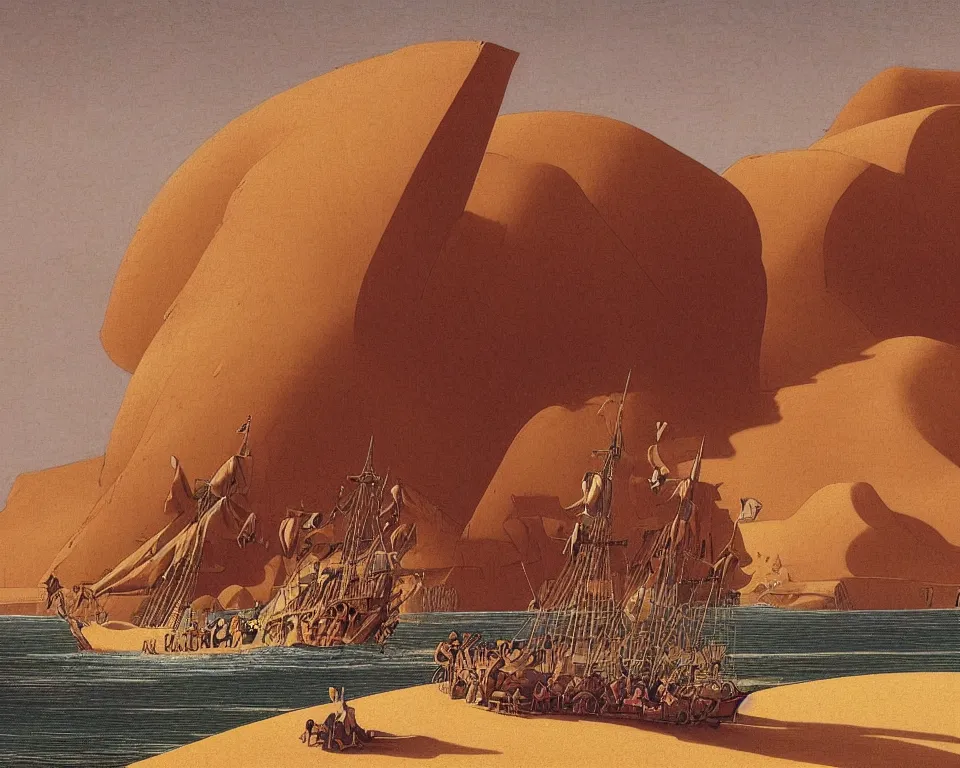 Prompt: a massive pirate ship sailing on the crest of a sand dune in the Sahara desert, heading towards an oasis. intricate, vibrant, blowing sands, Raphael, Hasui Kwase, Rene Margritte, John Martin.