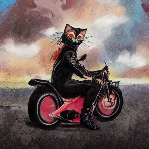 Image similar to wide angle full body, jacket wearing fluffy cute rainbow kitten wearing a black leather motorcycle jacket, riding on a motorcycle, cinematic concept art