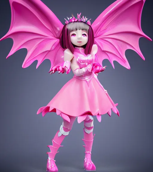 Prompt: accurate detailed pvc cute dragon girl with pink scales, wearing a pink dress, giant wings, figurine!!!, studio lighting, grey background, no shadow, trending on artstation, 4 k, sharp, highly - detailed, focus on face!!!