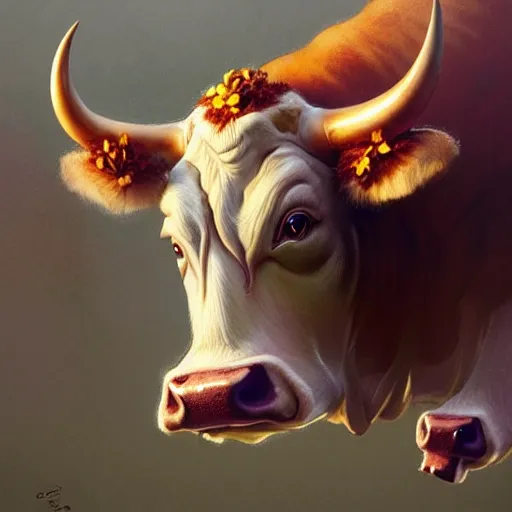 Image similar to long shot photo of a cow with mushrooms growing on its back, highly detailed, digital painting, artstation, smooth, sharp focus, illustration, art by artgerm and greg rutkowski and alphonse mucha