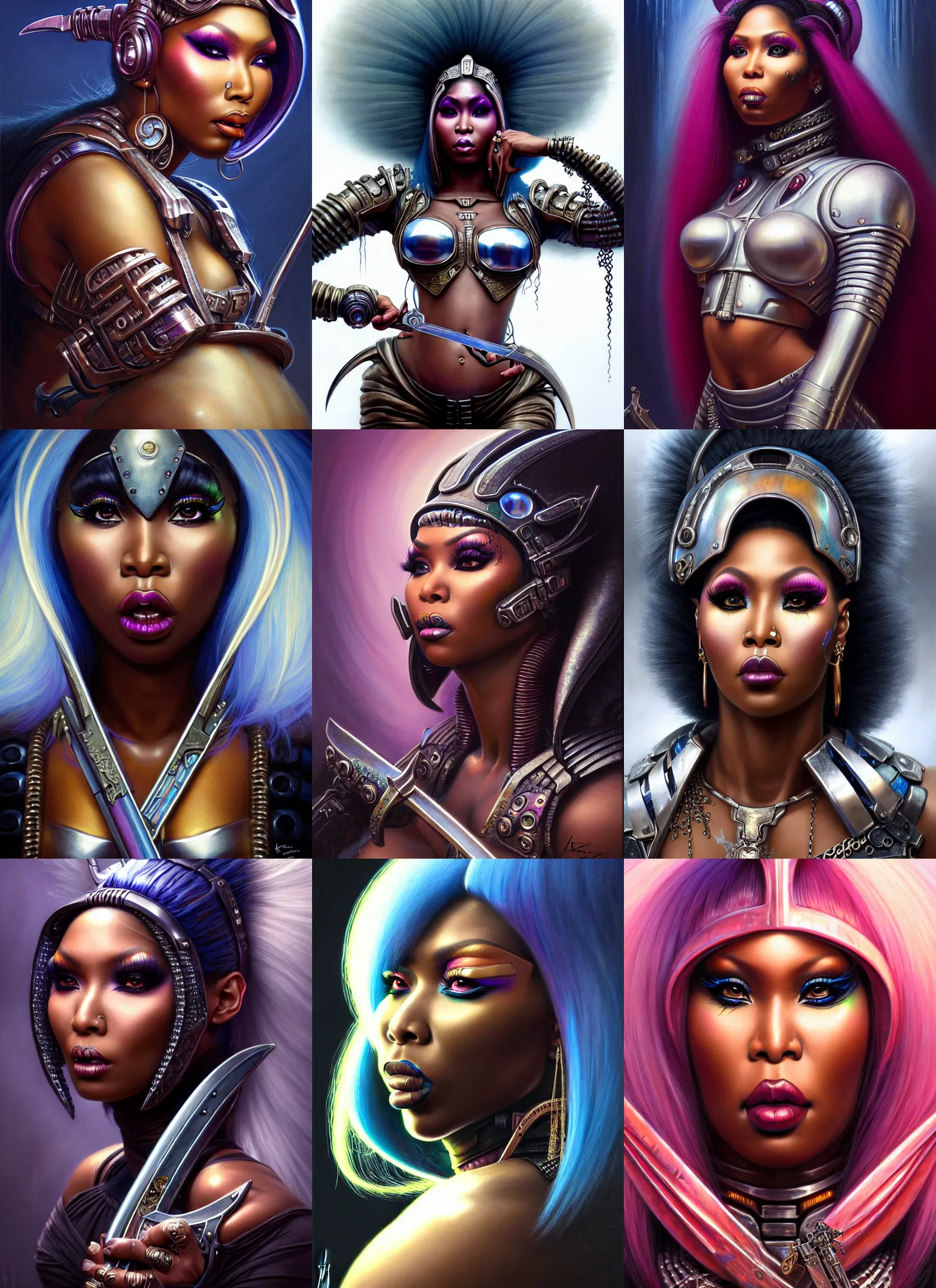 Prompt: closeup portrait shot of a cyberpunk nikki minaj holding a sword, intricate, elegant, highly detailed, centered, digital painting, artstation, concept art, smooth, sharp focus, illustration, artgerm, tomasz alen kopera, peter mohrbacher, donato giancola, joseph christian leyendecker, wlop, boris vallejo