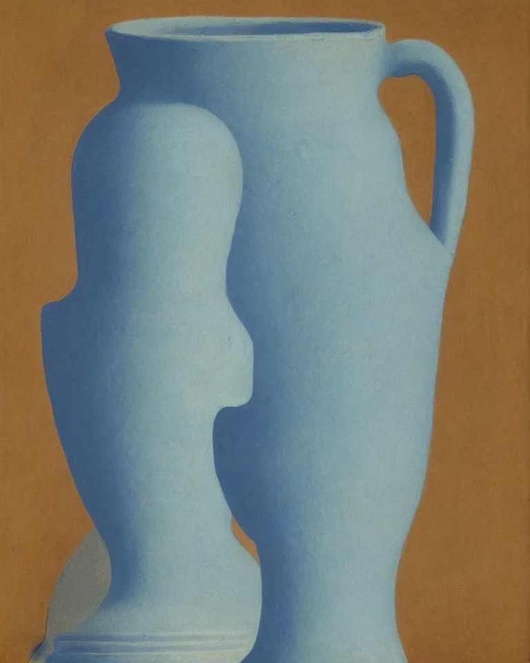 Prompt: achingly beautiful print of solitary painted ancient greek amphora on baby blue background by rene magritte, monet, and turner. sculpted.