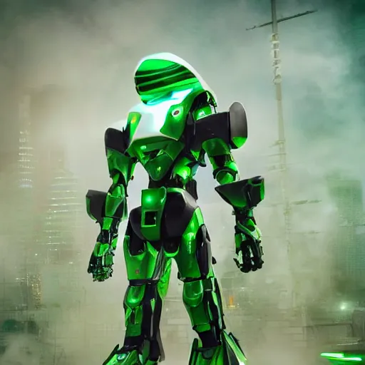 Image similar to saudi futuristic warrior mecha, green and white neon, full body mecha suit, epic urban battle, Murata Yasushi Nirasawa Style, beautiful aesthetic, photorealistic, volumetric lighting, hyperrealistic, octane render, HDR, Production IG Studios, concept art