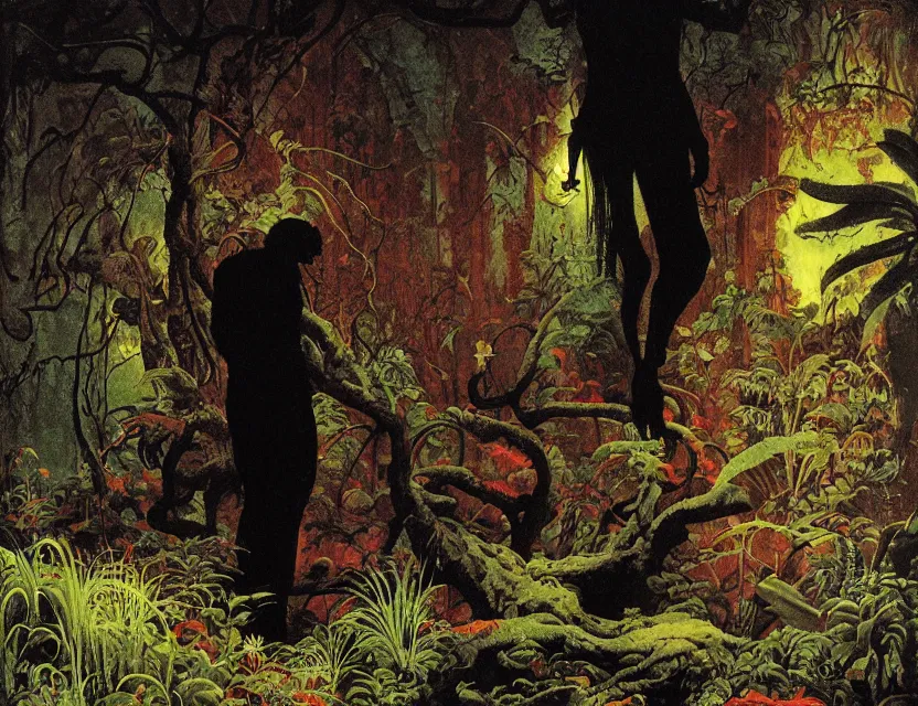 Prompt: a silhouette standing in a dark baroque neoclassicist halls overgrown with colorful swamplife. close - up view, detailed iridescent textures. glowing fog, dark black background. highly detailed fantasy science fiction painting by moebius, norman rockwell, frank frazetta, and syd mead. rich colors, high contrast