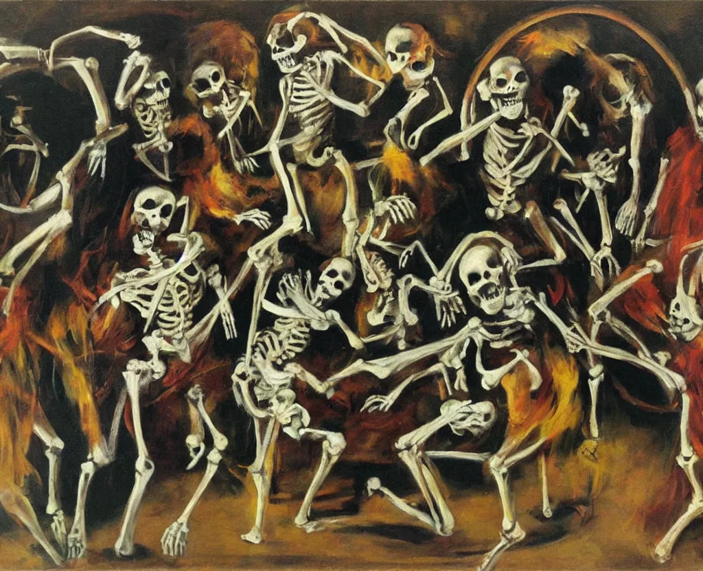 Prompt: oil painting of skeletons dancing in a circle, witches sabbat, art by francis bacon