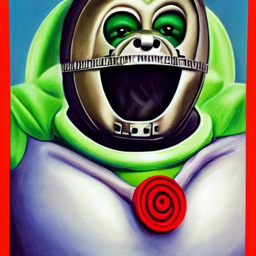 Image similar to beautiful lifelike painting of mf doom as the teletubbies, hyperreal detailed facial features and uv lighting, art by ed roth and basil wolverton