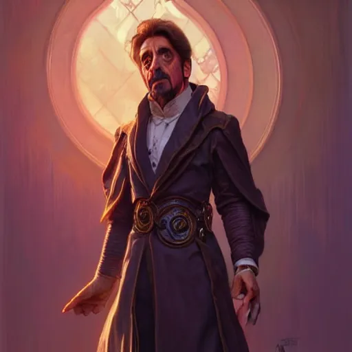 Image similar to Al Pacino , D&D, fantasy, intricate, elegant, highly detailed, digital painting, artstation, concept art, matte, illustration, hearthstone, art by Artgerm and Greg Rutkowski and Alphonse Mucha, Simon Stalenhag, hyperreal