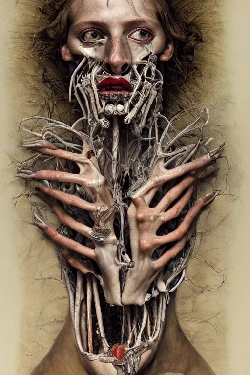 Image similar to Detailed maximalist portrait of a greek god with large lips and eyes, scared expression, botanical anatomy, skeletal with extra flesh, HD mixed media, 3D collage, highly detailed and intricate, surreal illustration in the style of Jenny Saville, dark art, baroque, centred in image