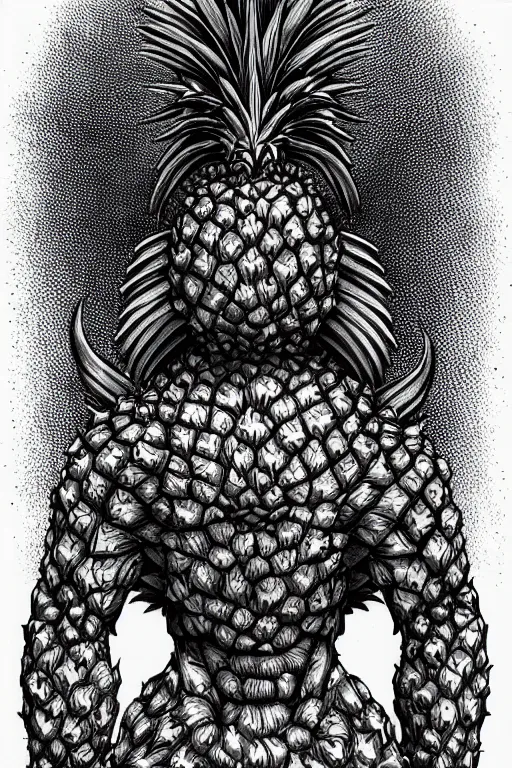Prompt: pinapple humanoid figure monster, symmetrical, highly detailed, digital art, sharp focus, trending on art station, kentaro miura manga art style