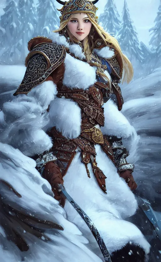 Image similar to azure viking warrior, regal, elegant, winter, snow, beautiful, stunning, hd, illustration, epic, d & d, fantasy, intricate, elegant, highly detailed, wide angle, digital painting, artstation, concept art, smooth, sharp focus, illustration, wallpaper, art by artgerm and greg rutkowski and alphonse mucha and jin xiaodi