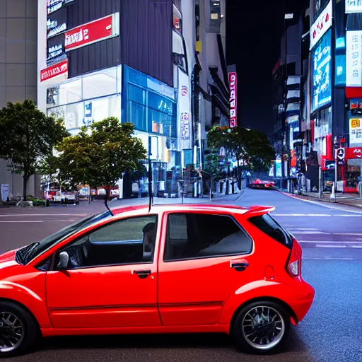 Prompt: red ford fiesta mk 5 zetec in shibuya tokyo, award winning photograph, night time