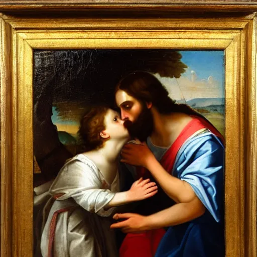 Image similar to 1 8 th oil panting of a jesus kissing with maria maddalena